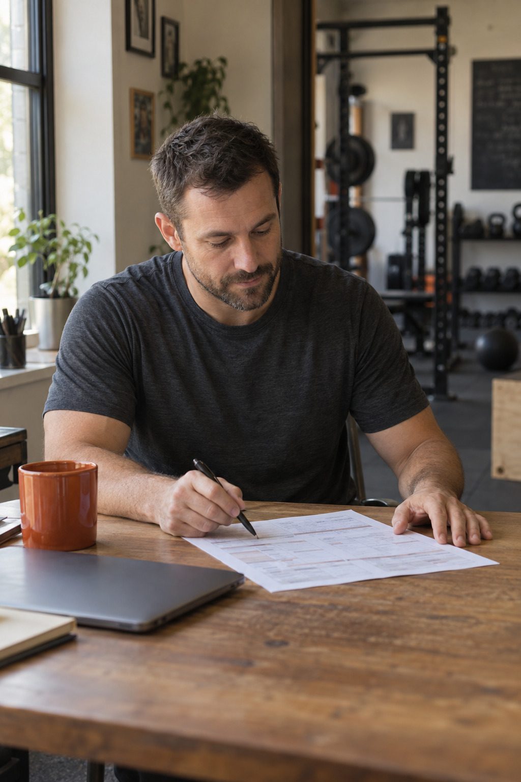 A coach reviewing a printed training plan at a desk