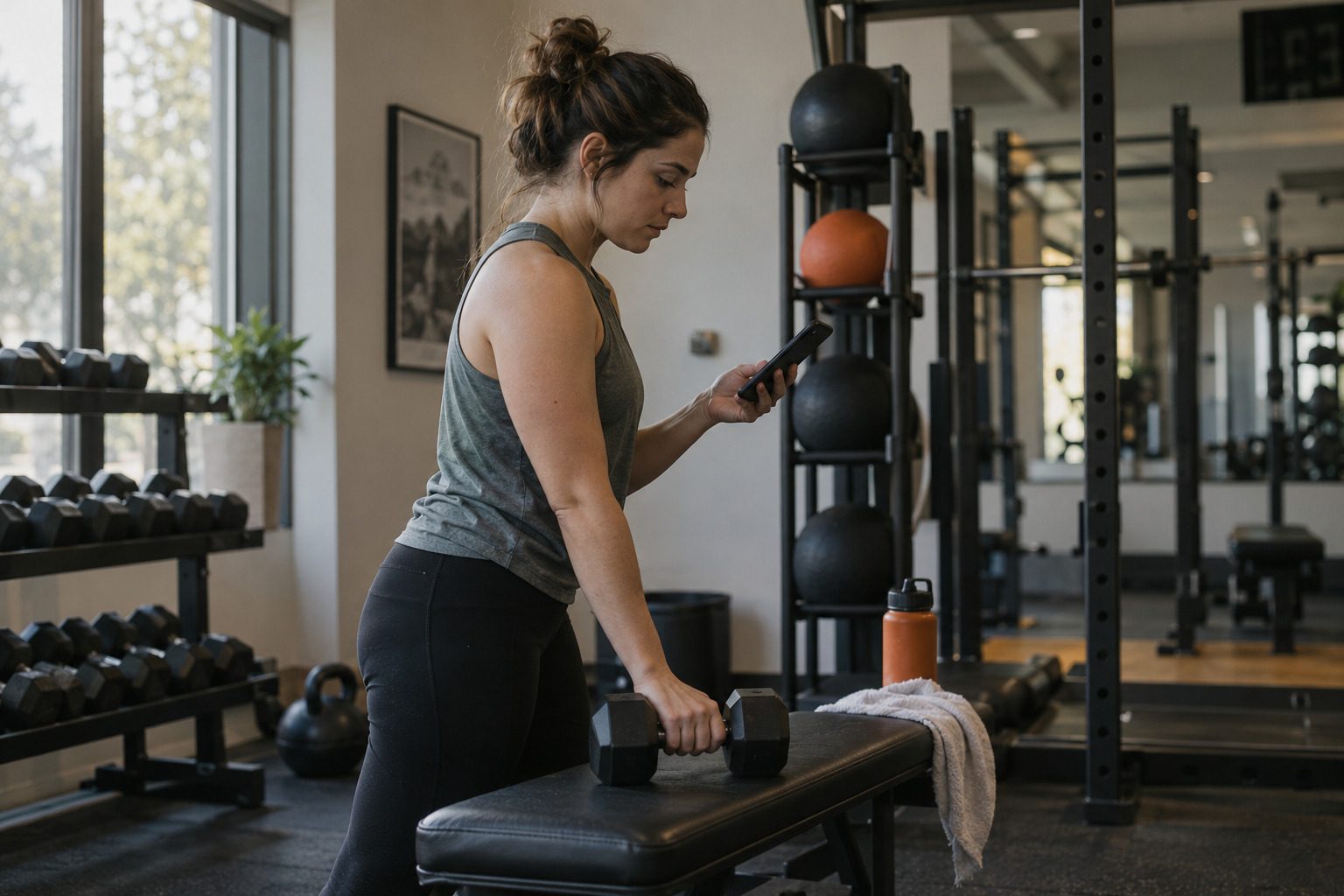 A woman in a gym following her plan on her phone between sets