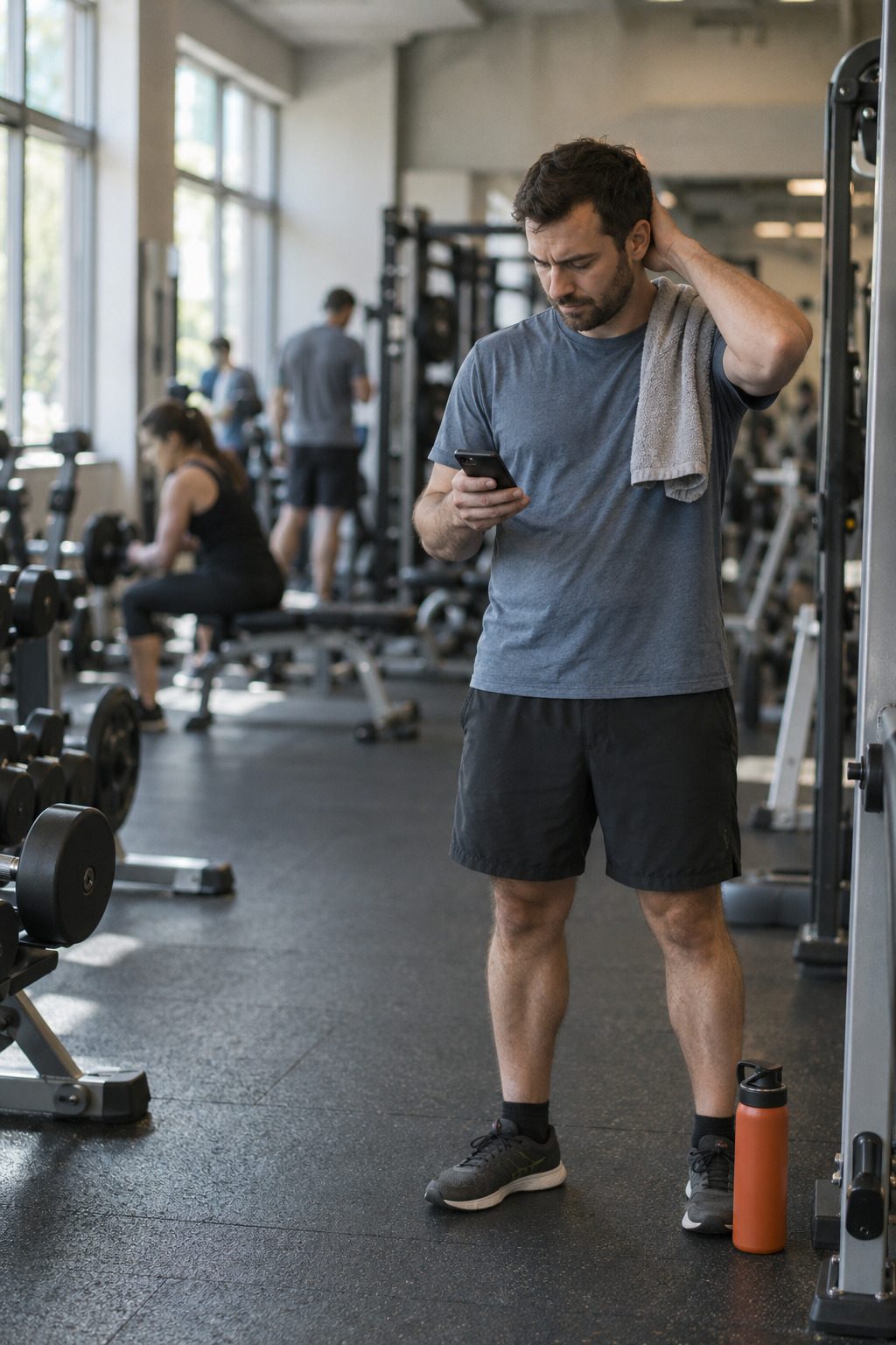 A man in a gym between sets, looking unsure at a workout on his phone